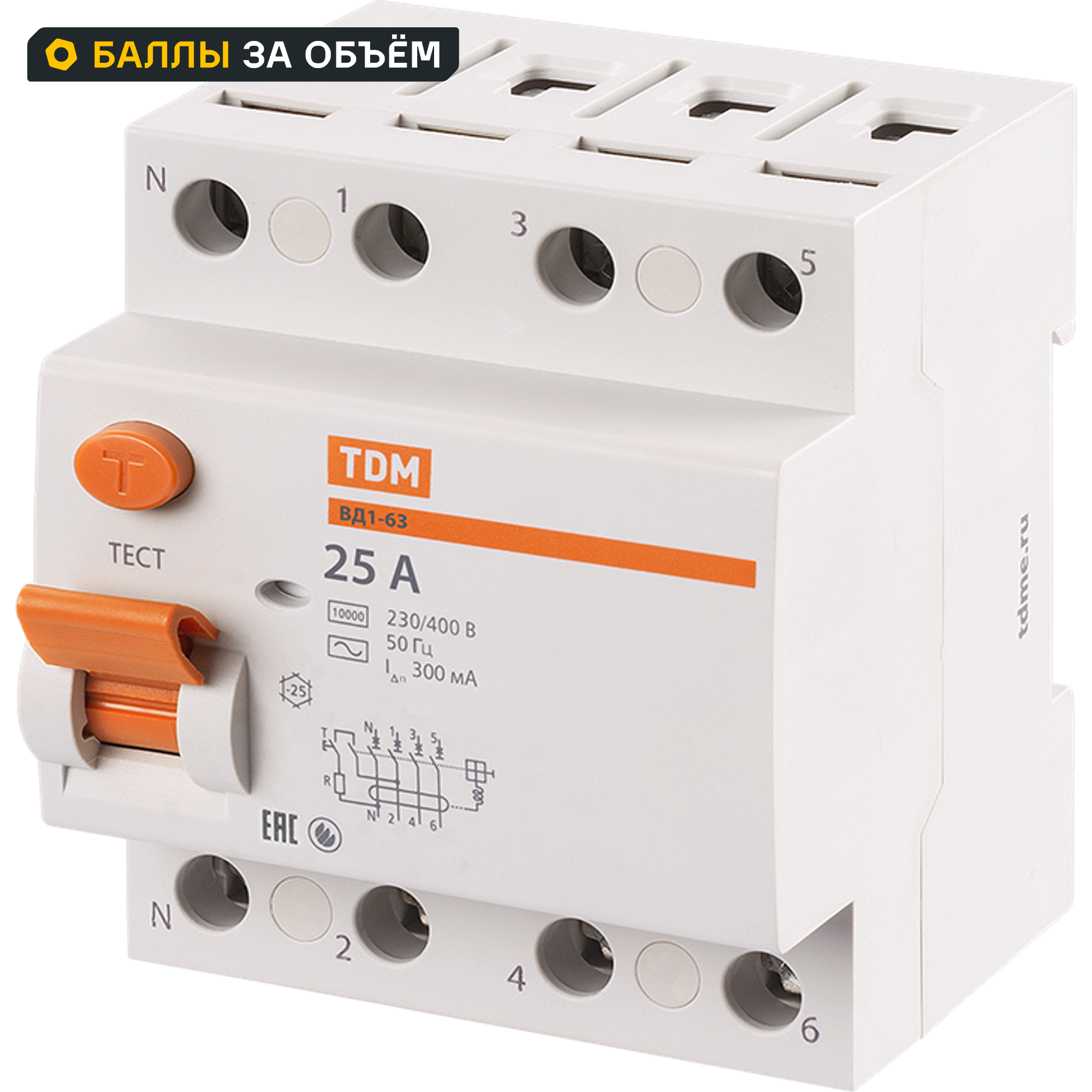 УЗО Tdm Electric ВД1-63 4P 25 A 300 мА 4.5 кА AC SQ0203-0031
